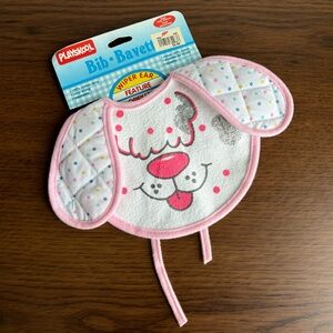 Playskool Vintage Cotton Terry Vinyl Washable Pink Dog Bib Polka Dot Wiper Ears